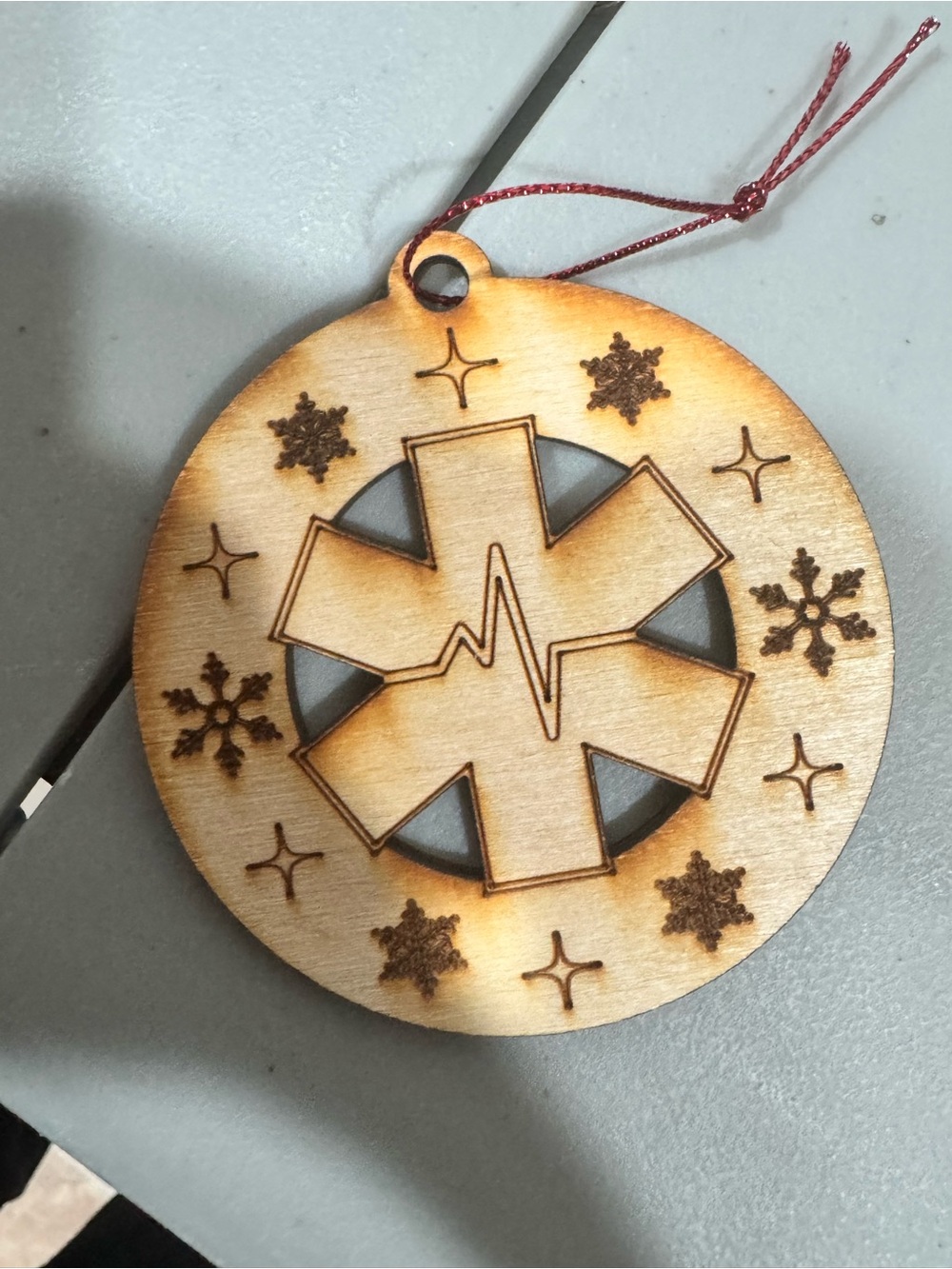 Star of Life Wooden Holiday Ornament in Natural and Gray